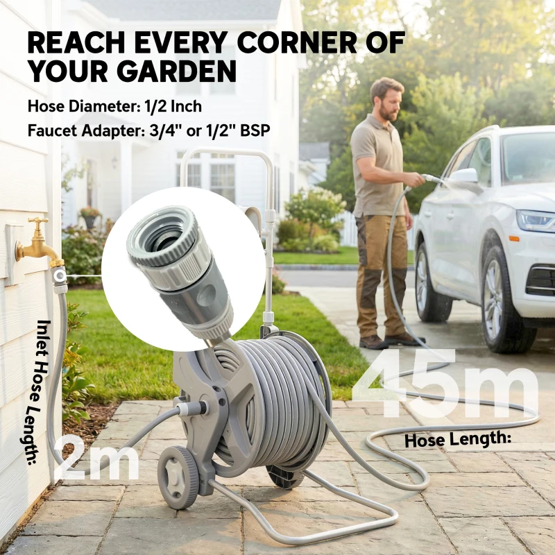Outsunny Schlauchwagen 45 m Schlauchtrommel mit 2 Sprühmustern, Wasserhahnadapter Kurbel 2 Rädern 45 x 44 x 78 cm Grau