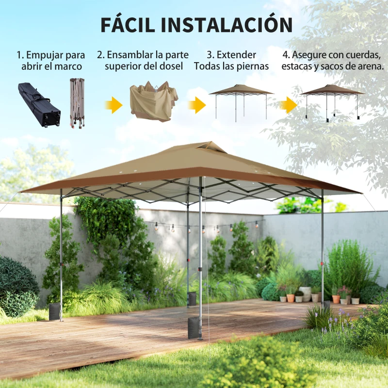 Outsunny Carpa Plegable Pop-up 4x4 m con Bloqueo Central UPF50+ Altura Ajustable Bolsas de Arena y Bolsa con Ruedas Beige y Café