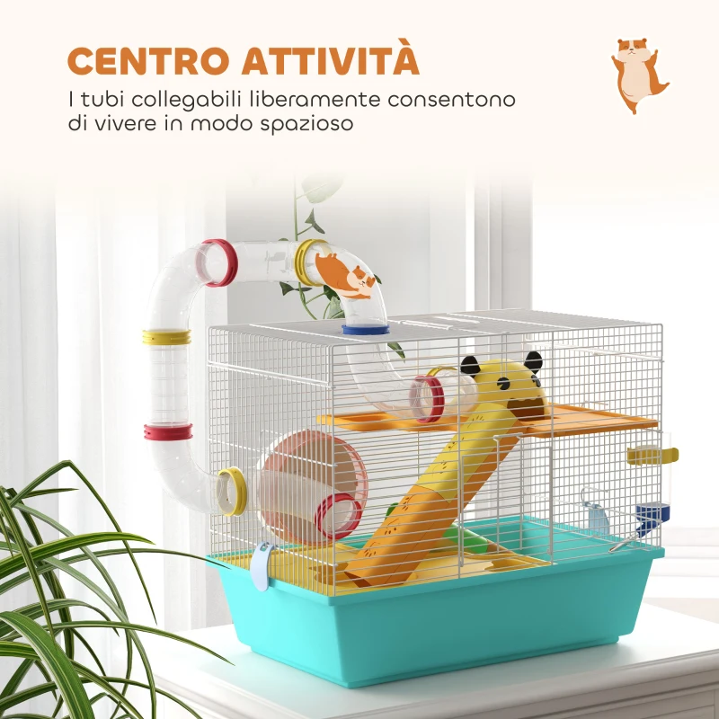PawHut Gabbia per Criceti con Ruota, Casetta, Ciotola, Rampe e Serbatoio, in Acciaio, PS e PP, 45x28x37 cm, Bianco e Azzurro