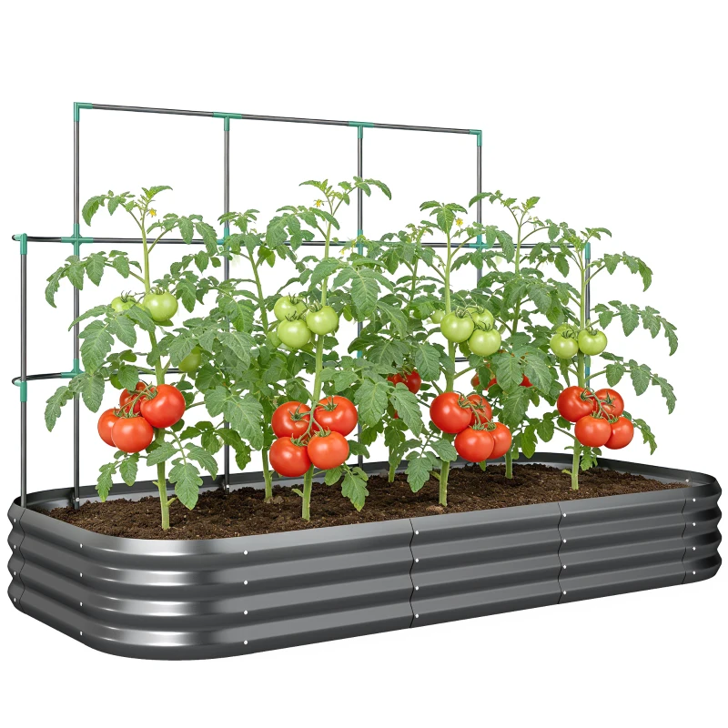 Outsunny Potager surélevé avec treillis pour plantes grimpantes et fond ouvert en métal, 220x110x150 cm, Gris foncé