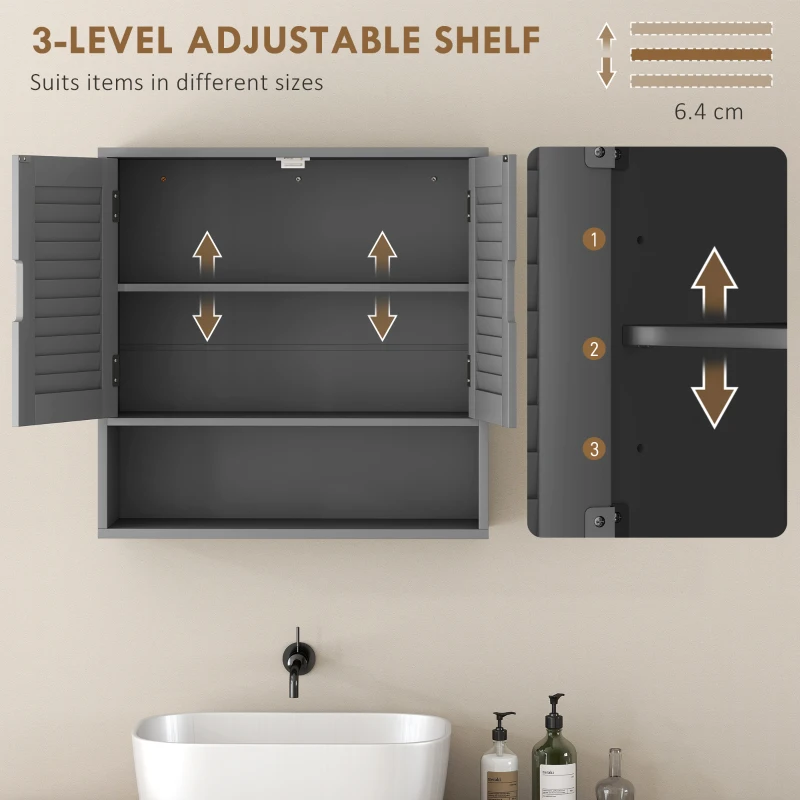 HOMCOM Bathroom Cabinet, Wall Mounted Storage Cabinet with Adjustable Shelves, 60 x 20 x 60 cm, Grey