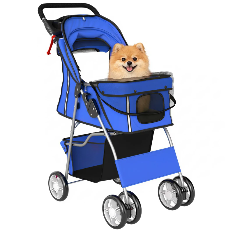 PawHut Hundewagen Faltbar Hundebuggy mit Reflektorstreif Aufbewahrungskorb Kissen für kleine Hunde bis 10 kg 77x44x102cm Blau