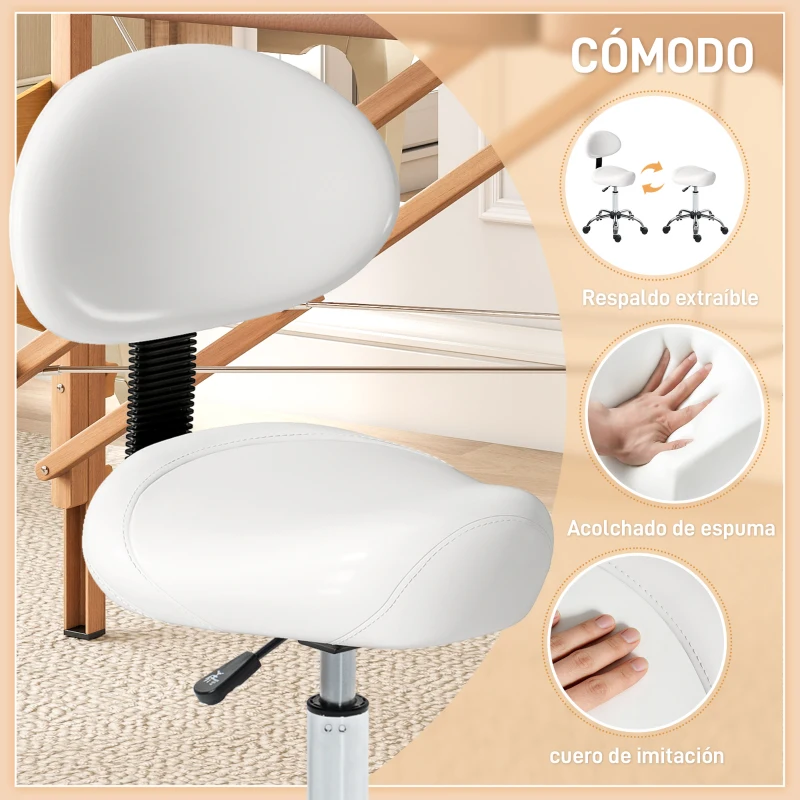 HOMCOM Taburete Giratorio con Respaldo y Ruedas Silla Ajustable para Salones de Belleza Estudio de Tatuajes 50x50x83-98cm Blanco