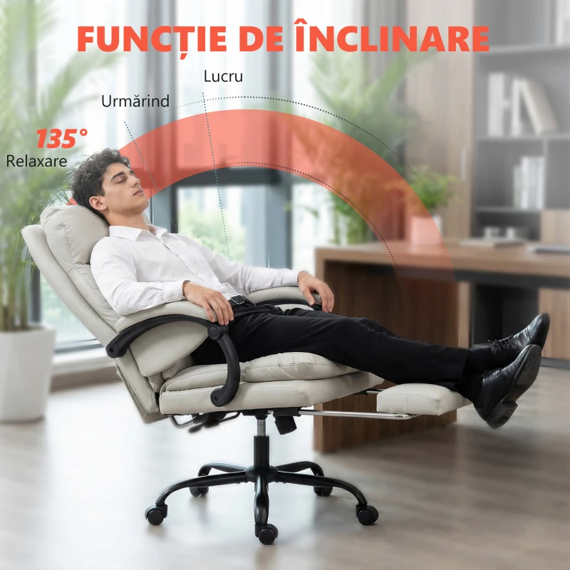 HOMCOM Scaun de Birou cu Masaj la 6 Puncte și Funcție de Încălzire, Reglabil 135° din Piele PU cu Suport pentru Picioare, Brațe Tapițate, Înălțime Reglabilă, Spătar Înalt, Gri Deschis