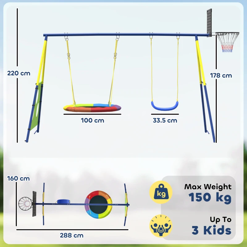AIYAPLAY 4-in-1 Swing Set up to 150 kg with Nest Swing, Basketball Hoop, Soccer Goal, U-Swing 288 x 160 x 220 cm