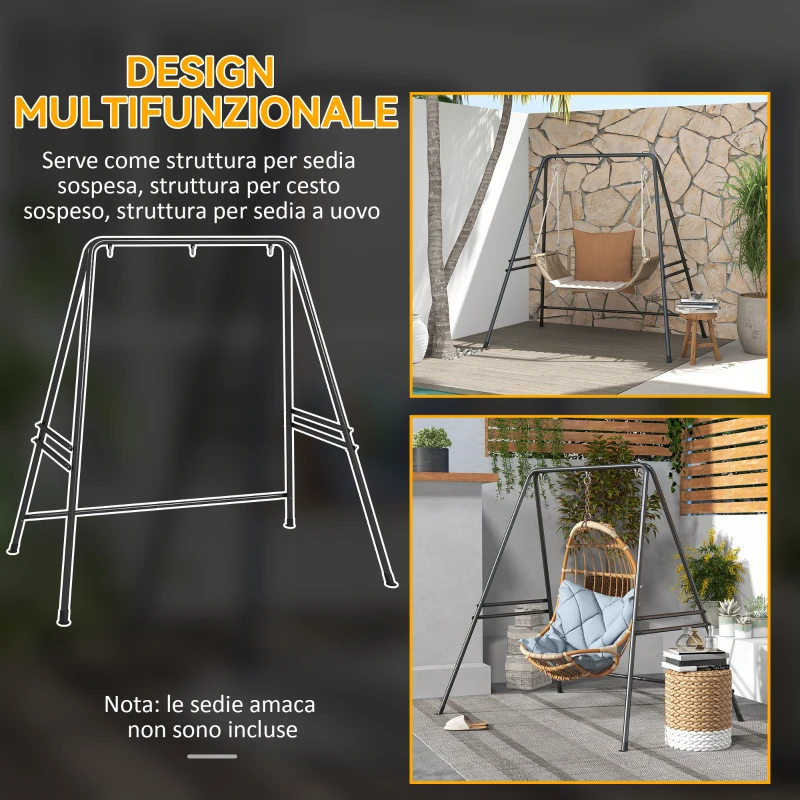 Outsunny Supporto per Amaca e Poltrona a Uovo in Acciaio con Gambe ad A e Agganci Singoli e Doppi, 178x143x180 cm, Nero