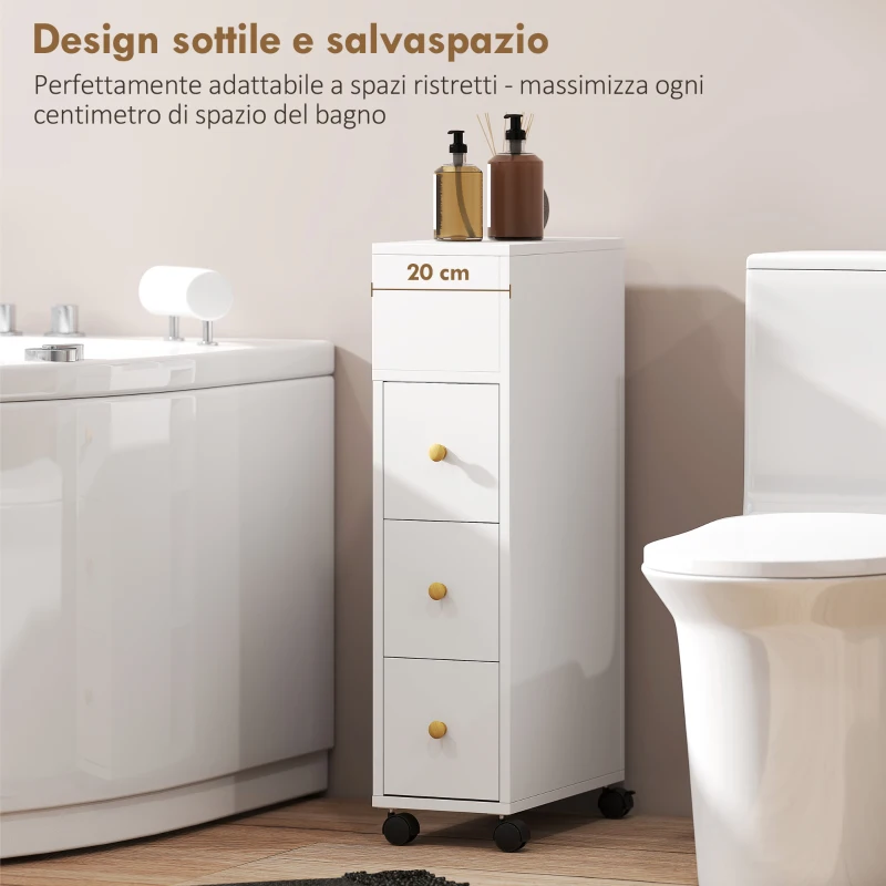 HOMCOM Mobiletto Bagno Salvaspazio con Ruote, 3 Cassetti e 5 Vani con Ripiani Regolabili, 20x40x80 cm, Bianco