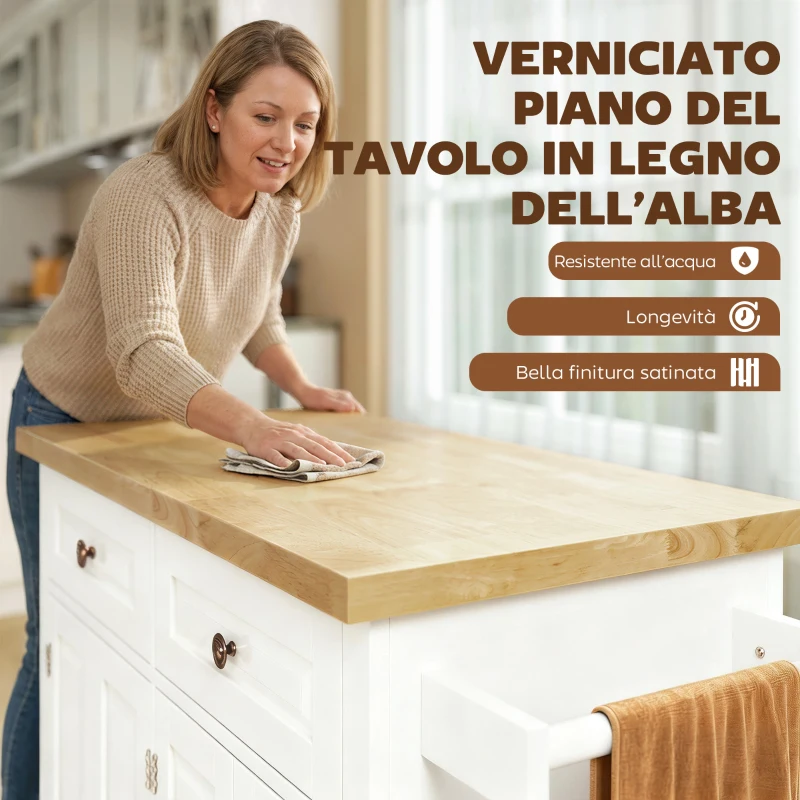 HOMCOM Carrello da Cucina con 2 Cassetti e 2 Armadietti, Isola da Cucina con Piano in Legno, Portaspezie e Porta Canovacci, Bianco