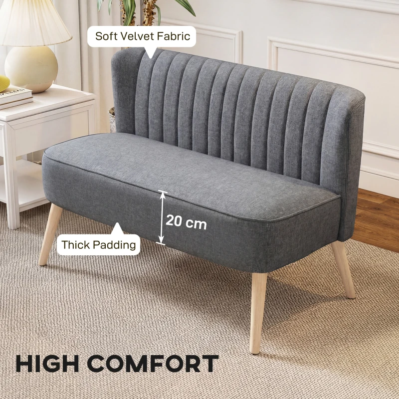 HOMCOM Modern Double Seat Sofa Loveseat Couch 2 Seater Compact Sofa Padded Linen Wood Leg Grey