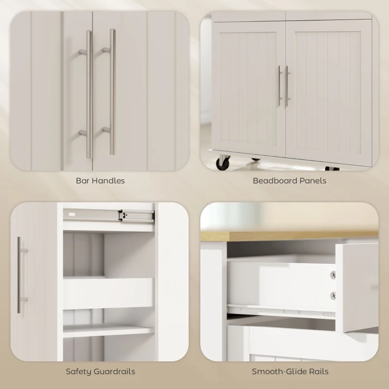 HOMCOM Ilha de Cozinha com Rodas Bancada Dobrável 2 Portas com Fecho Suave e Bandeja Extraível  129x65x91 cm Branco