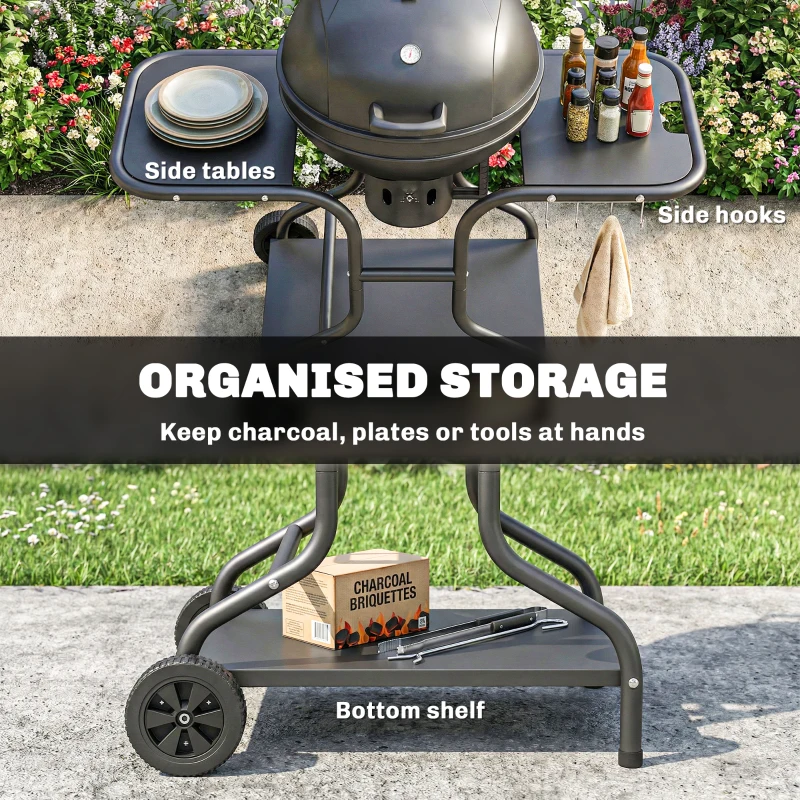 Outsunny Houtskoolbarbecue BBQ Smoker met zijtafels, dekselthermometer en wielen – 129 x 63,5 x 106,5 cm