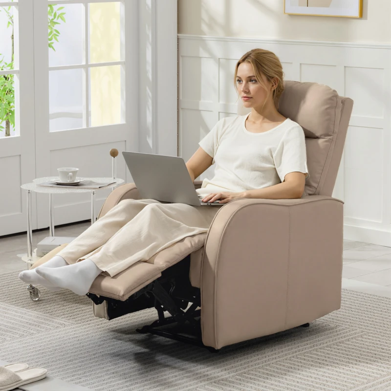 HOMCOM Poltrona Reclinabile 160° max con Poggiapiedi, in Pelle PU, Legno e Acciaio, 65x89x100 cm, Marrone Chiaro