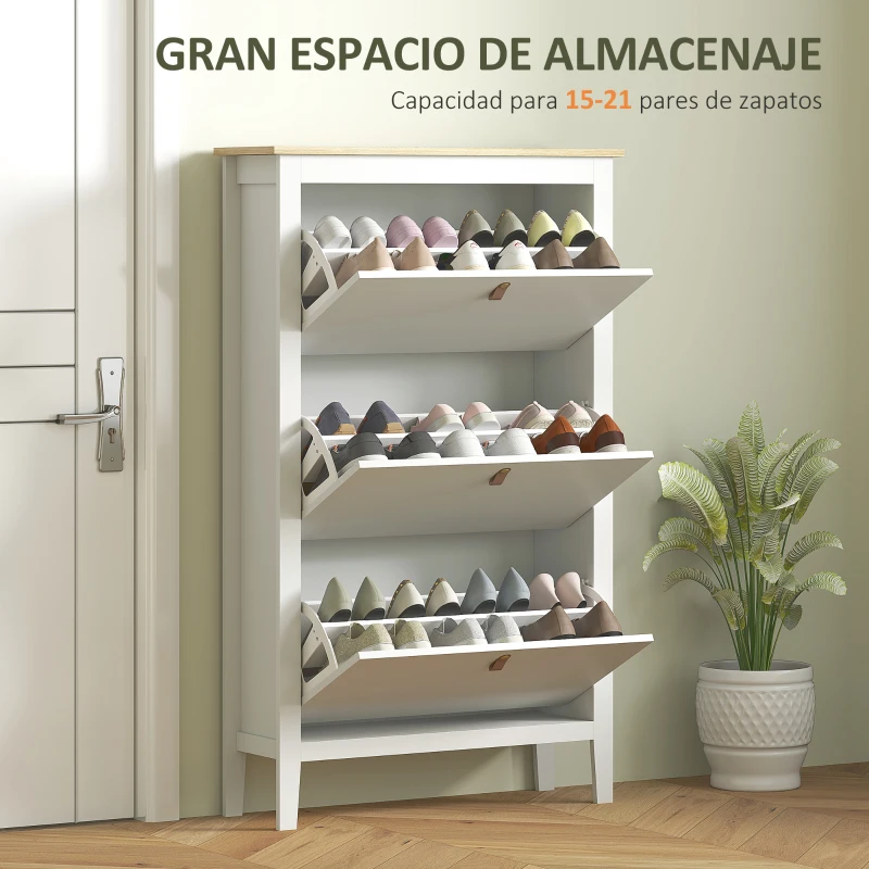 HOMCOM Zapatero Estrecho con 3 Compartimentos y Tiradores de Cuero PU para Pasillos y Recibidores 80x24x131 cm Blanco y Madera