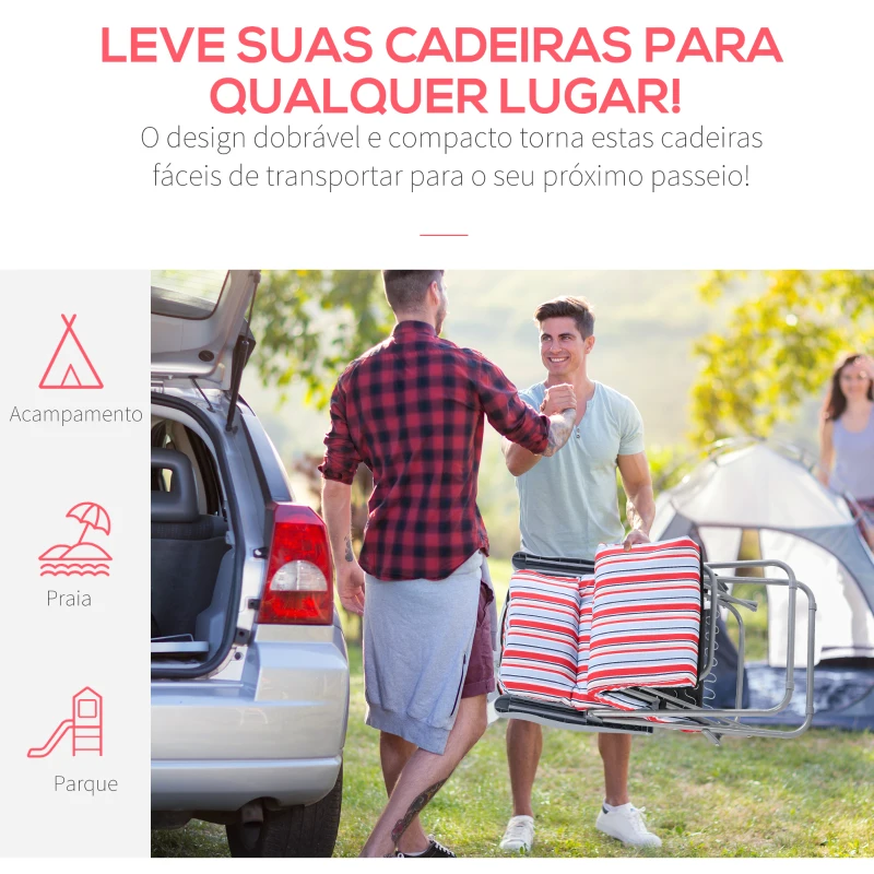 Outsunny 2 Espreguiçadeiras de Jardim em Aço com Almofada Acolchoada Encosto Ajustável e Apoio para Pés 60x75x65-102 cm Vermelho e Branco