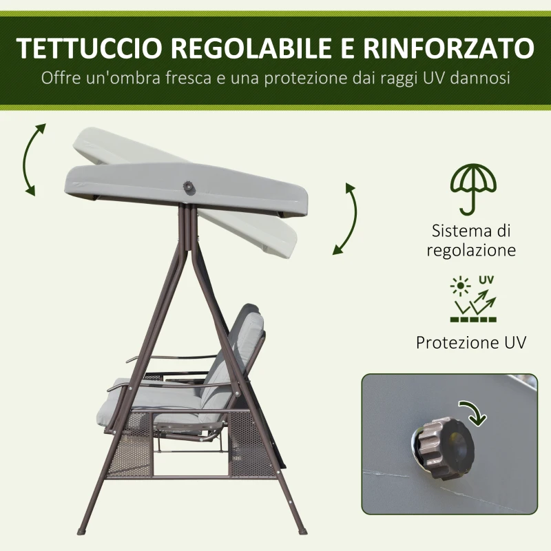 Outsunny Dondolo da Giardino 3 Posti con Tetto Regolabile, Portabicchieri e Cuscini, 208x121x172 cm, Grigio Chiaro
