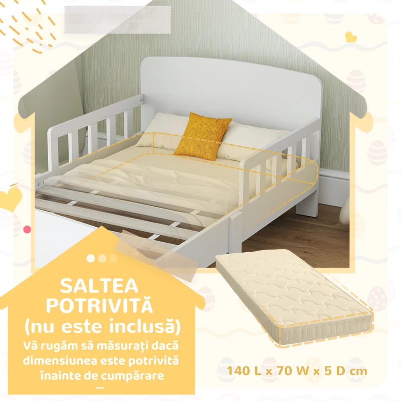 AIYAPLAY Pat pentru Copii 3-8 Ani cu Protecții Laterale 143.5x74.2x54 cm Alb