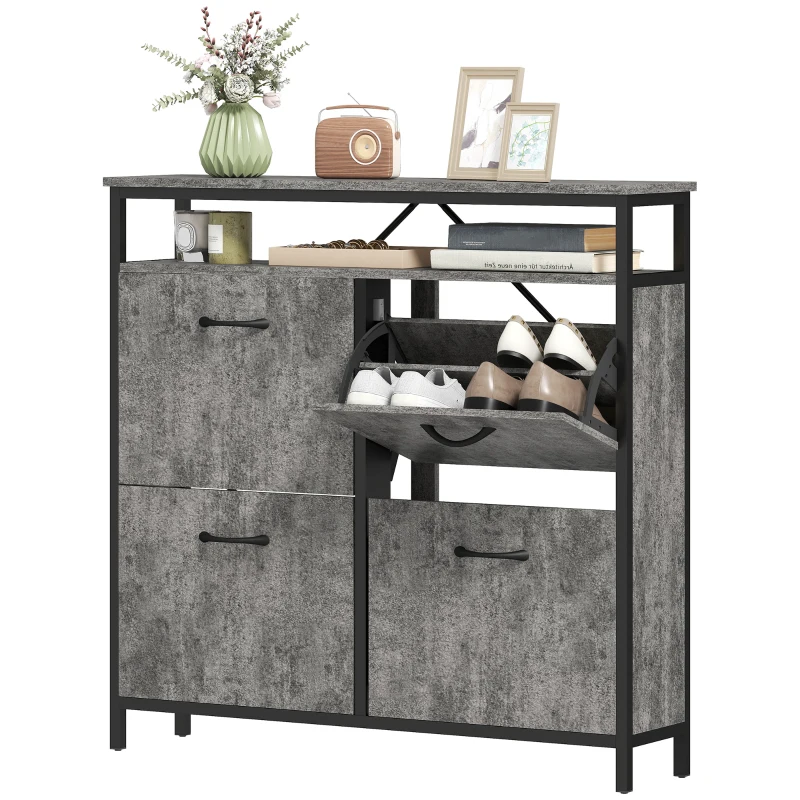 HOMCOM Shoe Storage Cabinet with 4 Flip Drawers and Open Shelf - Cement Grey