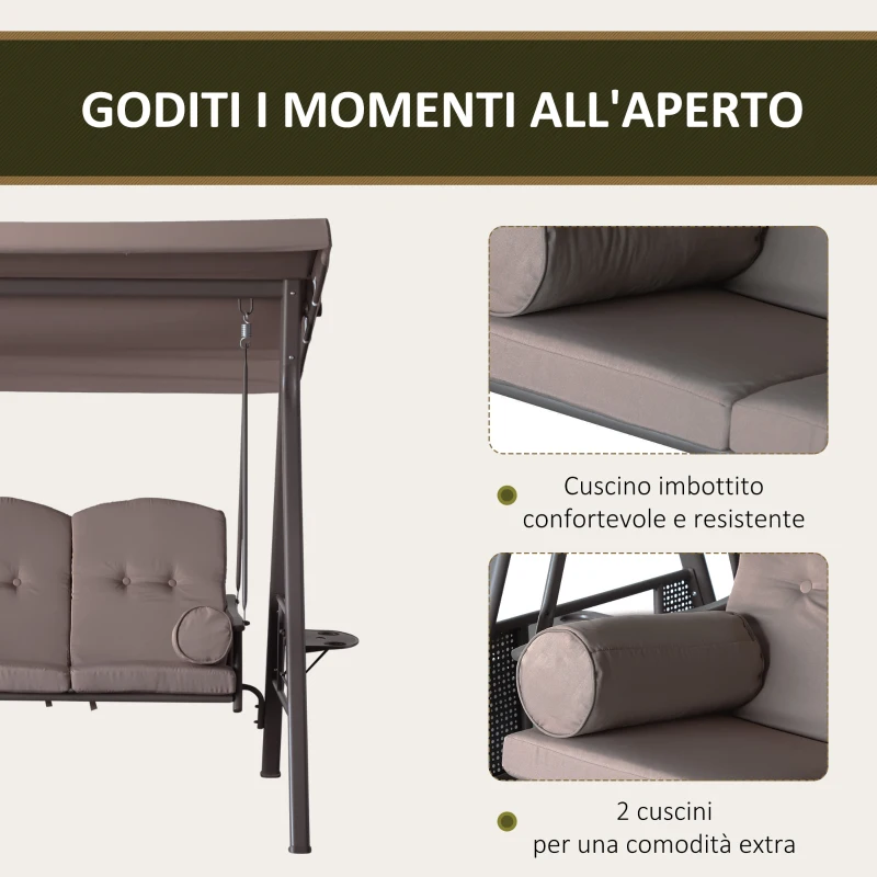Outsunny Dondolo da Giardino 3 Posti con Tetto Regolabile, Portabicchieri e Cuscini, 208x121x172 cm, Marrone