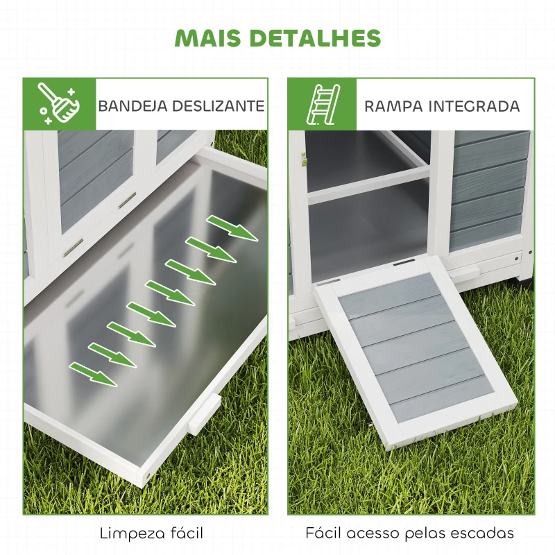 PawHut Galinheiro de Madeira para Exterior com 2 Ninhos, Bandeja Removível Poleiros Telhado Impermeável 150x100x96,5 cm Cinzento