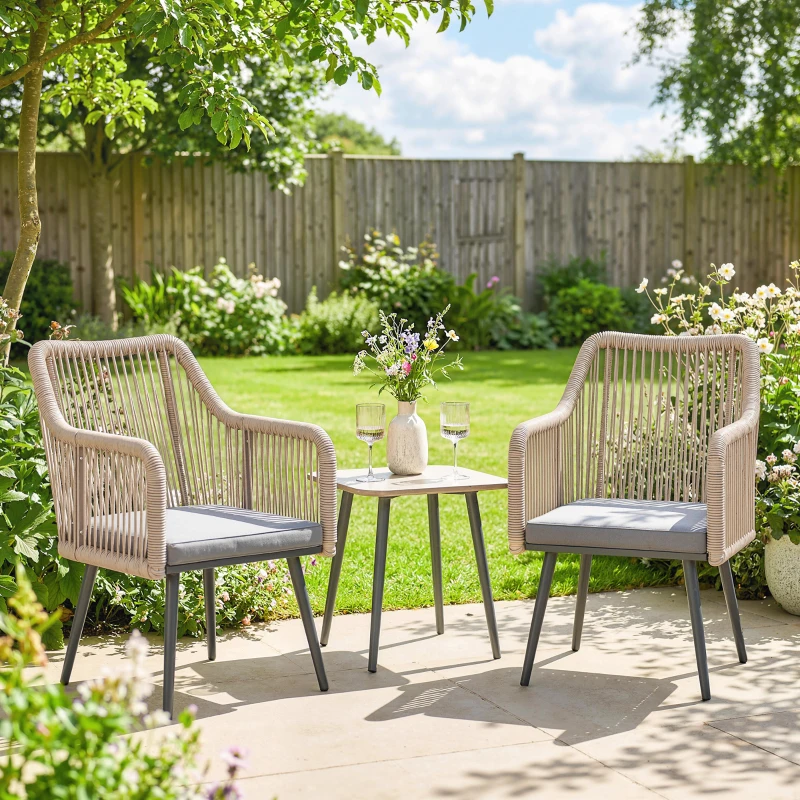 Outsunny Set de 2 scaune de grădină pentru exterior din ratan cu perne, cotiere și cadru din oțel pentru terasă 54x65x80 cm gri