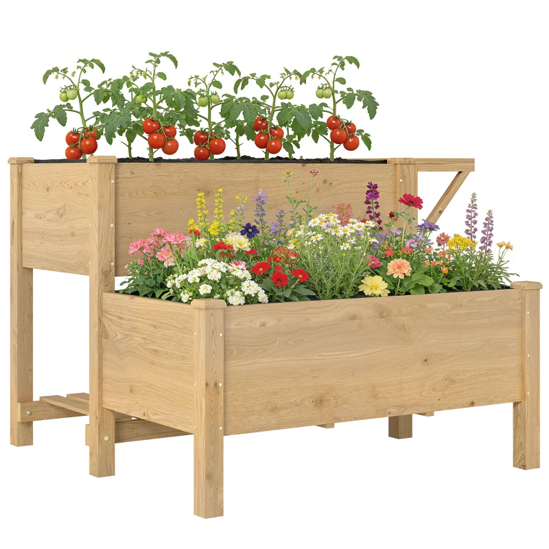 Outsunny Verhoogde Plantenbak 2-lagen met Vliesstof, Hout, 119,5 x 102 x 76,5 cm Lichtbruin