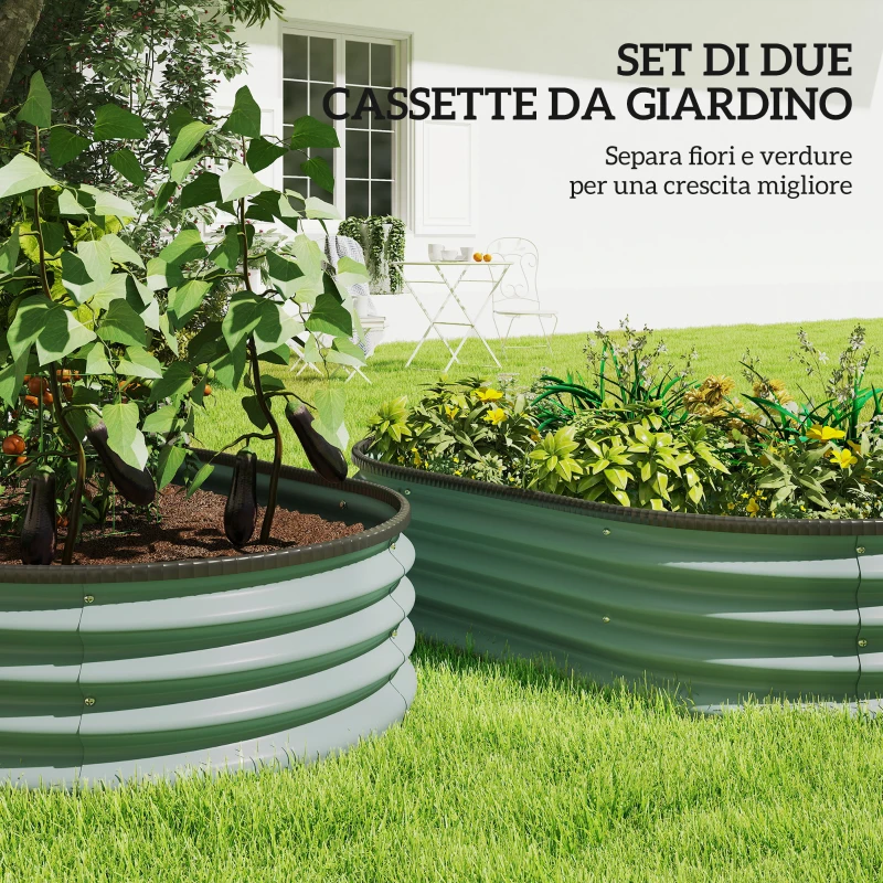 Outsunny Set di 2 Aiuole Rialzate in Metallo Galvanizzato con Bordo in Gomma e Design Modulare, 135x90x30 cm Verde