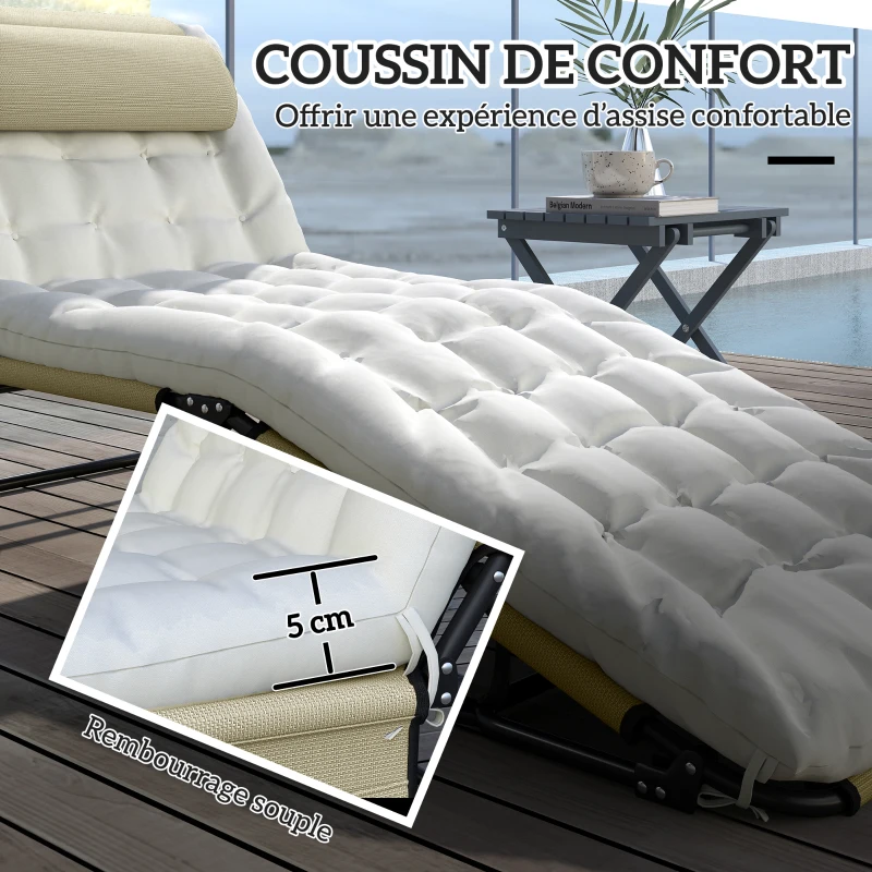 Outsunny Transat bain de soleil pliable avec dossier inclinable 4 positions - appui-tête et matelas épais beige