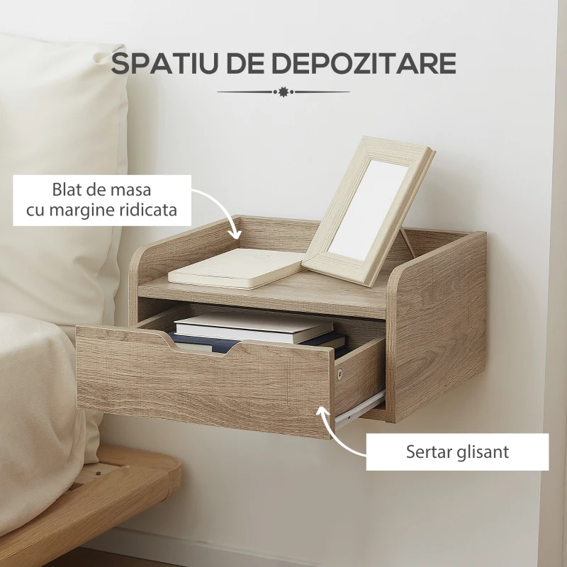 HOMCOM Set de Noptiere Suspendate de 2 Noptiere de Perete cu Sertar de Depozitare pentru Dormitor, Natur(m-4)