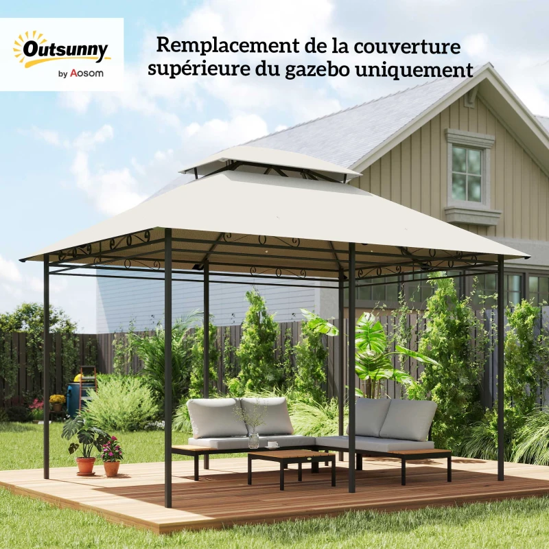 Outsunny Toile de rechange pour pavillon toile de tonnelle 4 x 3 m, double toit avec trous de drainage, polyester 180 g/m², crème