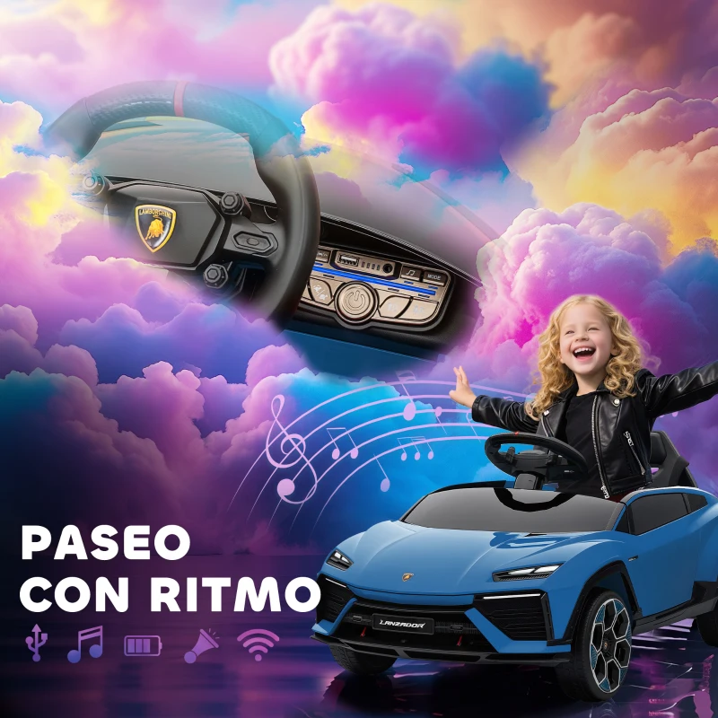 AIYAPLAY Coche Eléctrico para Niños de +3 Años con licencia Lamborghini Batería 12V Mando a Distancia 2,4 G Motor Doble Azul