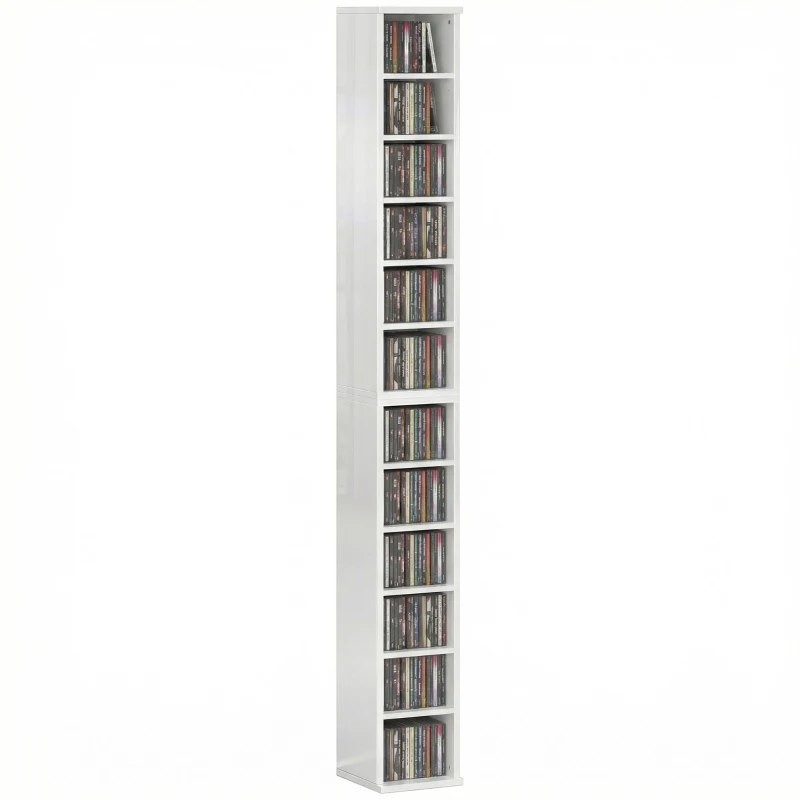 HOMCOM Set of 2 CD Media Display Shelf Unit Tower Rack with Adjustable Shelves, High Gloss White