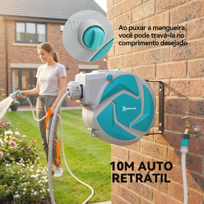 DURHAND Mangueira Retrátil de Parede com Enrolador de 10+1 m com Enrolamento Automático e Bico de 7 Funções Gira 180°