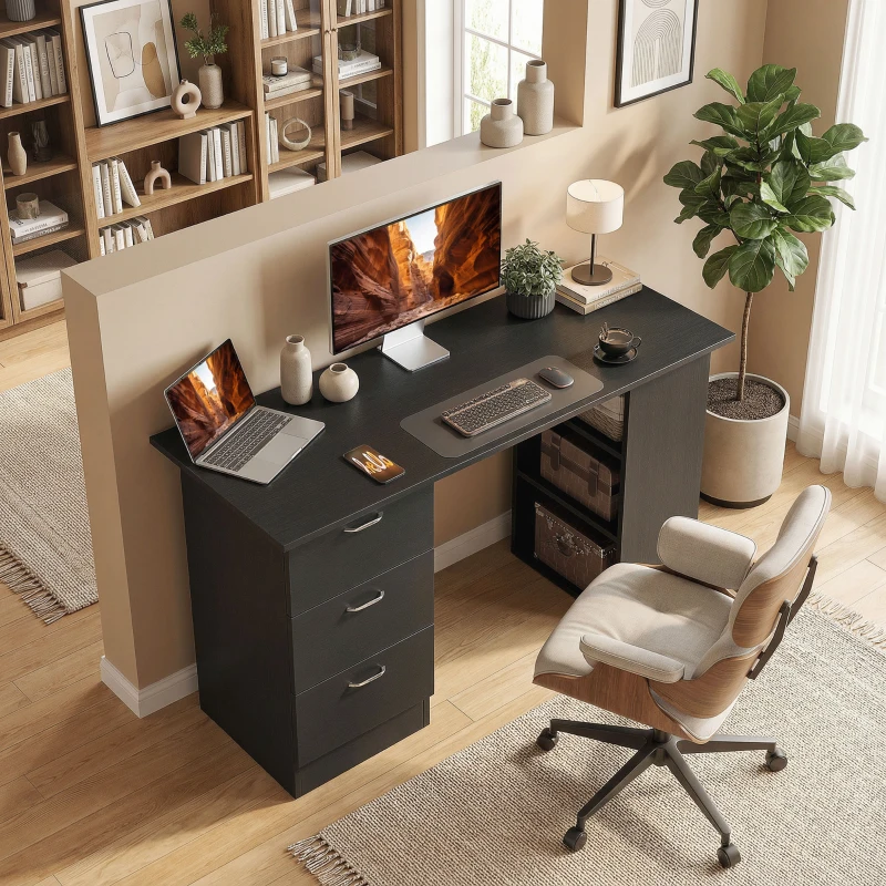 HOMCOM Bureau avec rangement, table informatique 120 x 50 cm, bureau d'ordinateur avec étagères et tiroirs, pour petits espaces, chambre à coucher, noir