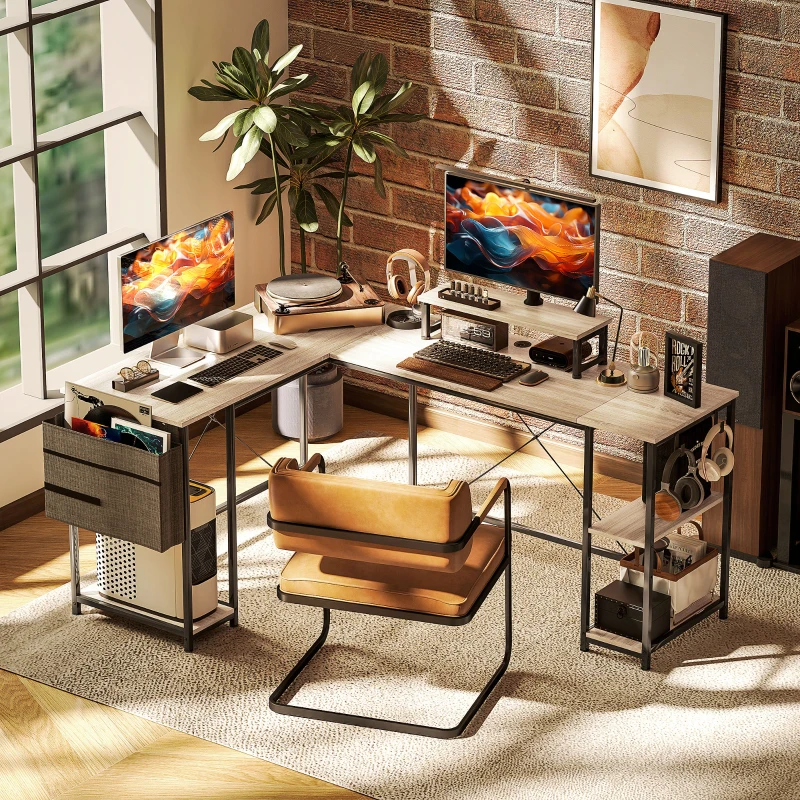 HOMCOM Bureau d'angle modulable réversible 168-240 cm style industriel - étagère réglable, sac de rangement, support d'écran