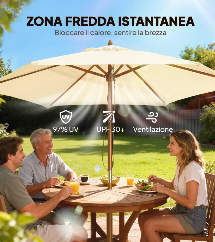 Outsunny Ombrellone da Giardino 2.5x2.3 m a 6 Stecche in Legno Laccato e Poliestere, Beige