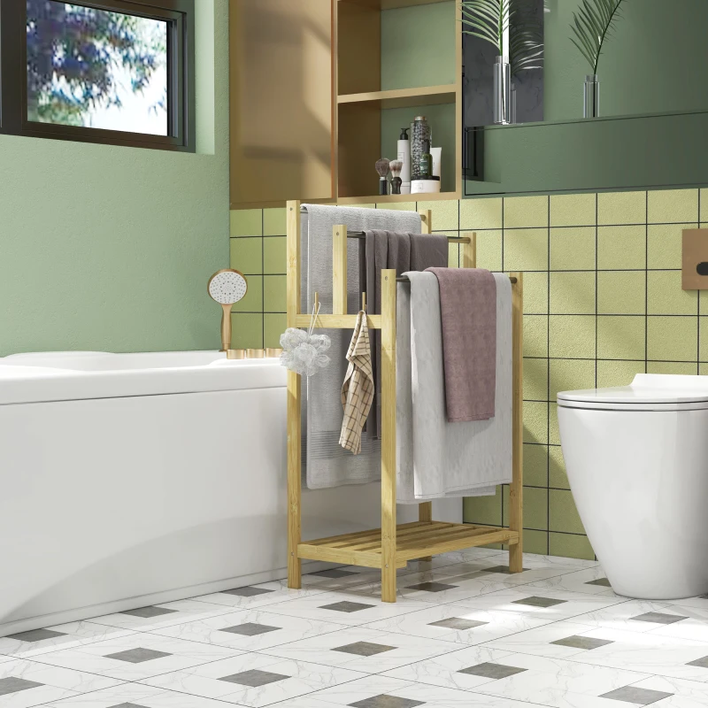 HOMCOM Toalheiro de Pé de Bambu com 3 Barras de Aço Inoxidável Prateleira Aberta 50,5x31x90 cm Natural