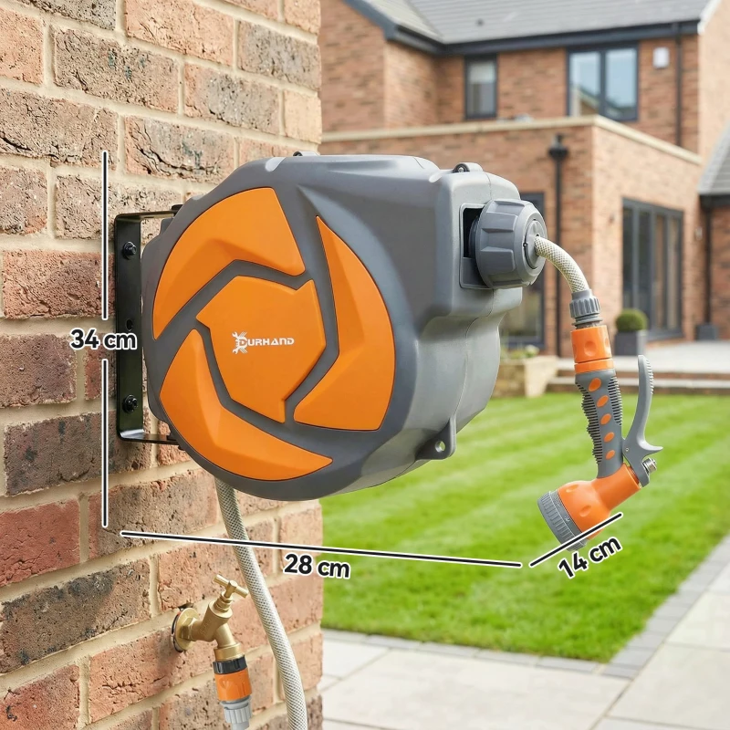 DURHAND Mangueira Retrátil de Parede com Carretel de 10+1 m com Retorno Automático e Bocal de 7 Funções Giratório a 180°