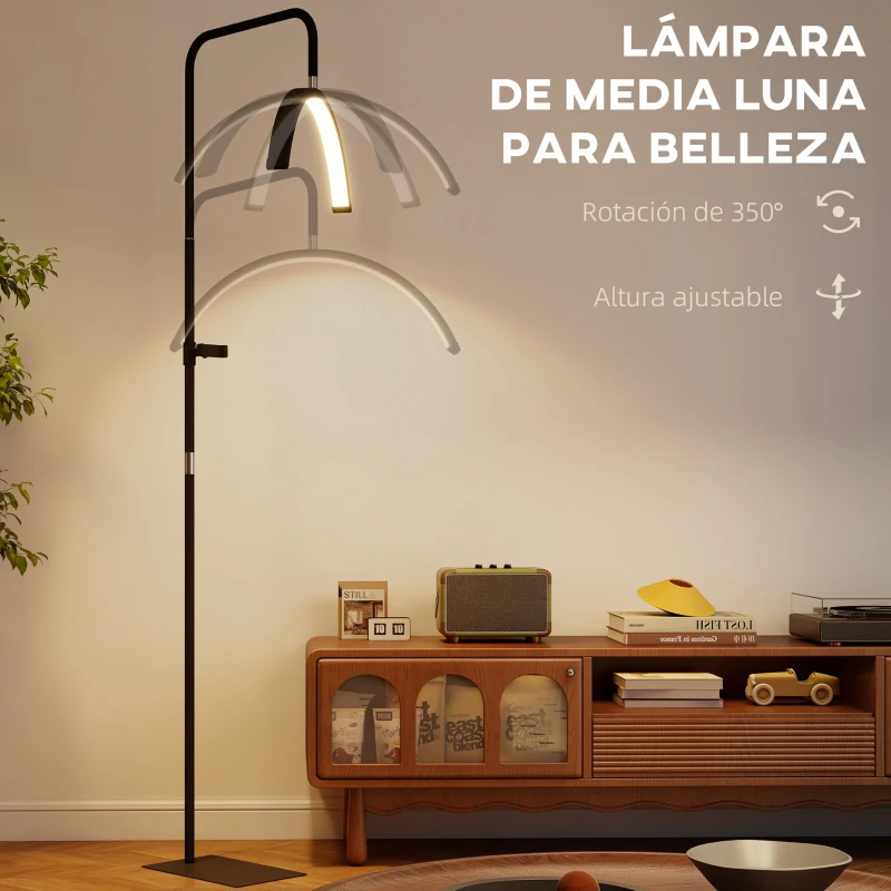 HOMCOM Lámpara Pestañas Media Luna con Cabeza Giratoria 350° 7 Temperaturas de Color Brillo Ajustable Soporte para Teléfono