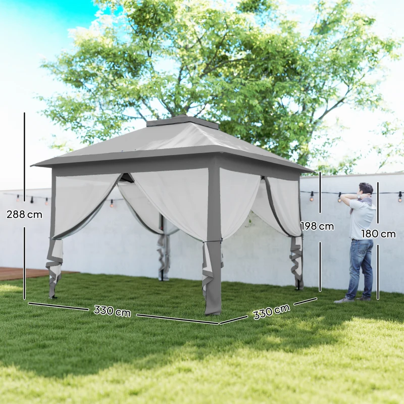 Outsunny Gazebo da Esterno Pieghevole ad Altezza Regolabile con Zanzariere, 3.3x3.3x2.8 m, Grigio