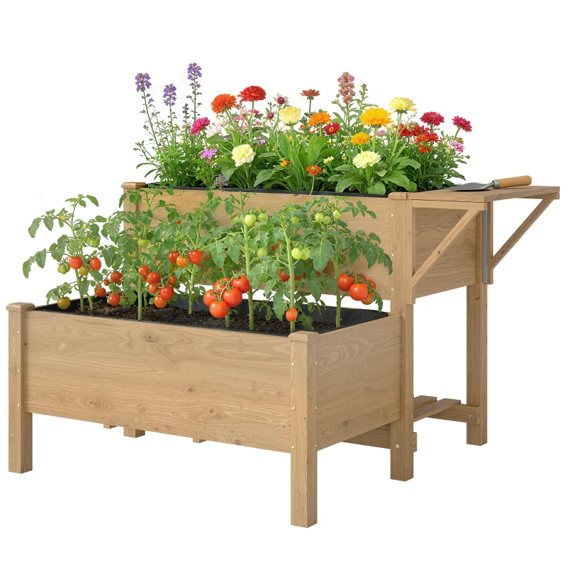 Outsunny Verhoogde Plantenbak 2-lagen met Vliesstof, Hout, 119,5 x 102 x 76,5 cm Lichtbruin
