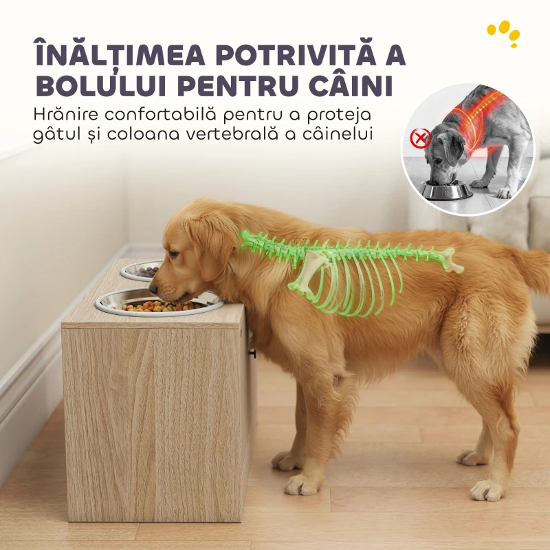 PawHut Suport pentru boluri pentru câini cu 2 boluri de 2L și dulap inferior, din lemn, 60x30x35,5 cm, stejar