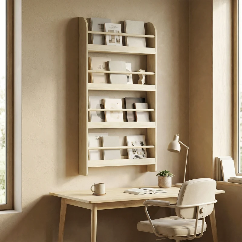 HOMCOM Libreria da Parete con 4 Ripiani per Casa e Ufficio, in Legno, 59x12x113 cm, Color Naturale
