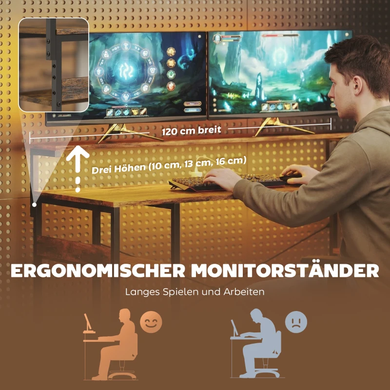 HOMCOM Gaming Tisch L-förmig Schreibtisch mit Stromanschluss LED-Beleuchtung 4 Schubladen Monitorständer 155x110x91,4 cm Braun