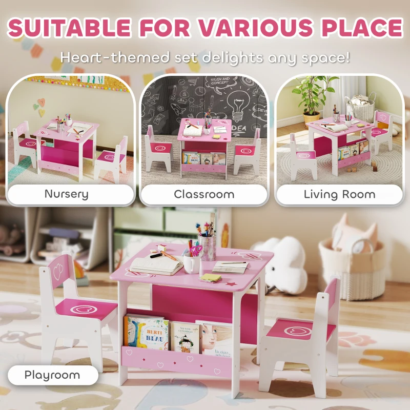 AIYAPLAY 3 Pieces Kids Table and Chair Set, Toddler Activity Table with Bookshelves, for Living Room, Nursery, Playroom, Pink