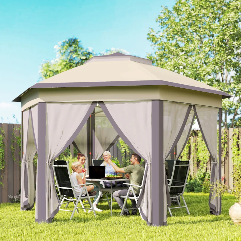 Outsunny Pavillon 4x4m Wasserdicht Pop-up sechseckiger Faltpavillon, Doppeldach, Gartenpavillon mit 6 Seitenteilen, Partyzelt inkl. Tragetasche, für Garten, Terrasse, Festival, Kaffee+Beige