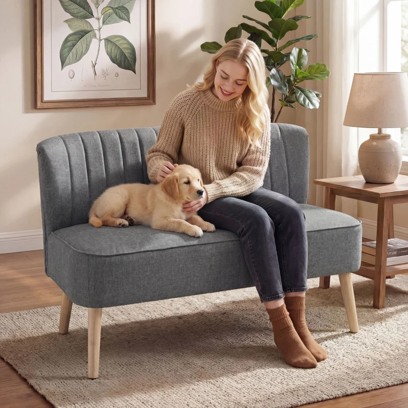 HOMCOM Modern Double Seat Sofa Loveseat Couch 2 Seater Compact Sofa Padded Linen Wood Leg Grey