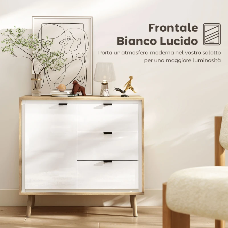 HOMCOM Credenza Moderna con 3 Cassetti e Armadietto, Ripiano Interno Regolabile e Ante Lucide, Bianco e Rovere