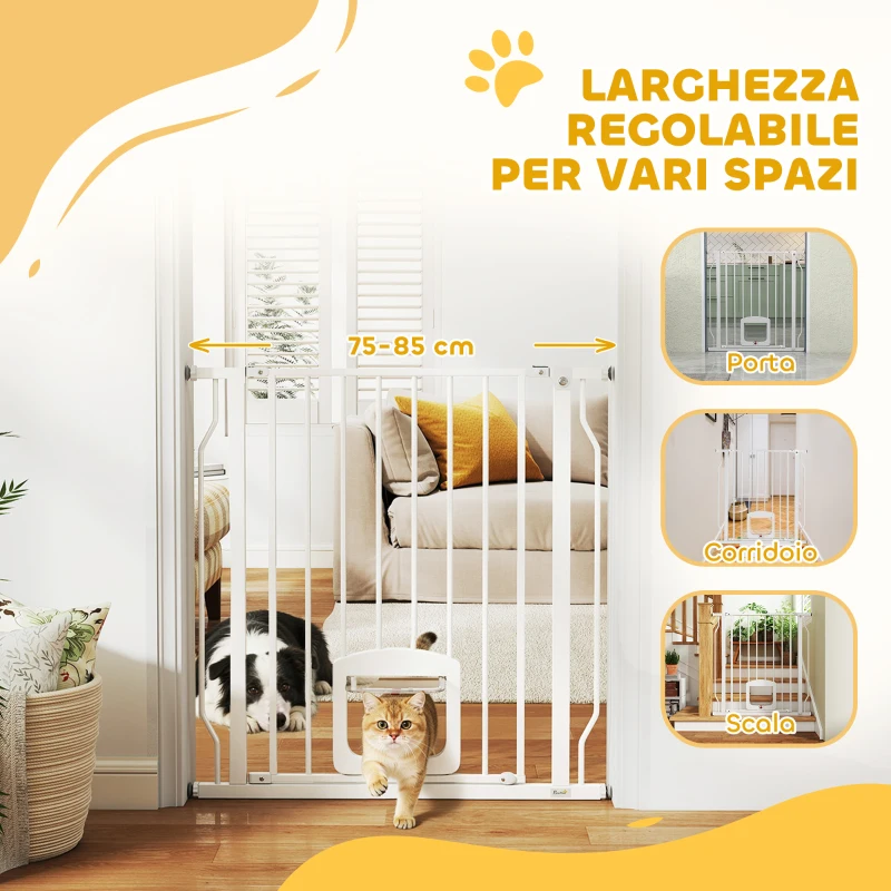 PawHut Cancello per Cani e Gatti Estensibile con Gattaiola Integrata, in Acciaio e ABS, 75-85x2x76 cm, Bianco