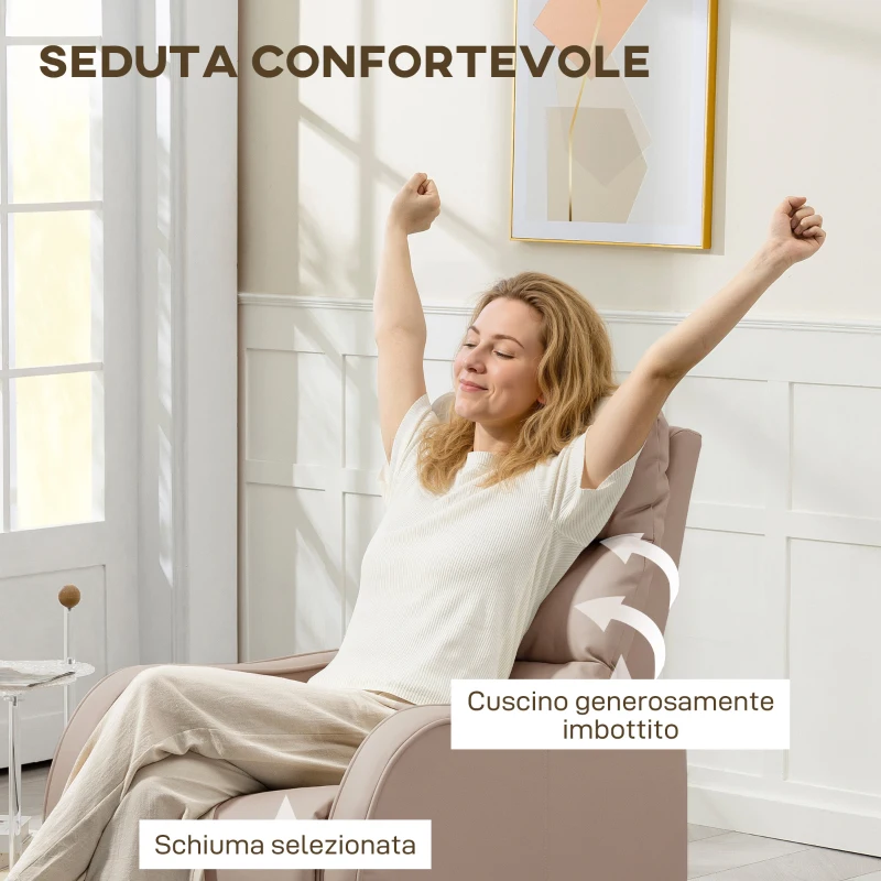 HOMCOM Poltrona Reclinabile 160° max con Poggiapiedi, in Pelle PU, Legno e Acciaio, 65x89x100 cm, Marrone Chiaro