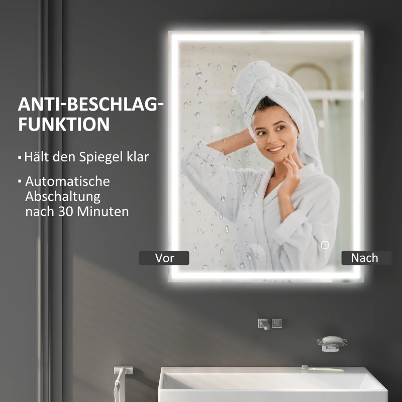 HOMCOM Badspiegel mit Beleuchtung 90x70 cm LED Spiegel Wandspiegel mit Memory-Funktion 3 Lichtfarben Silber